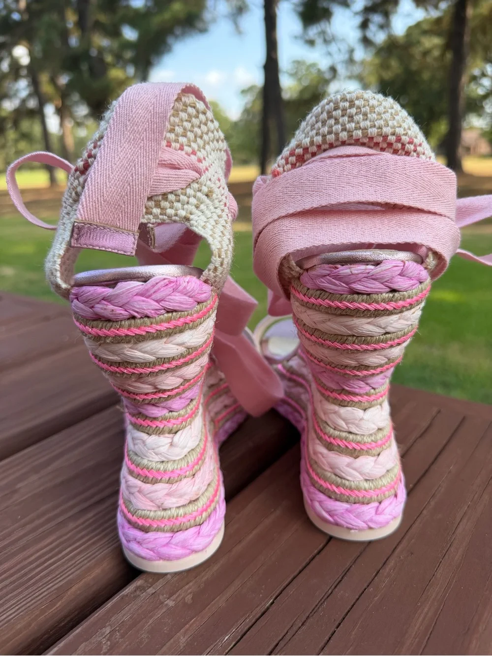 Sophia Webster Lucita Pink Metallic Raffia Wedge Sandals EU 39 US 8.5